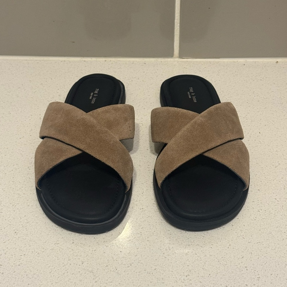 New Rag & Bone Brown Suede Cross Strap Sandals – Women’s Designer Summer Flats - Picture 9 of 12